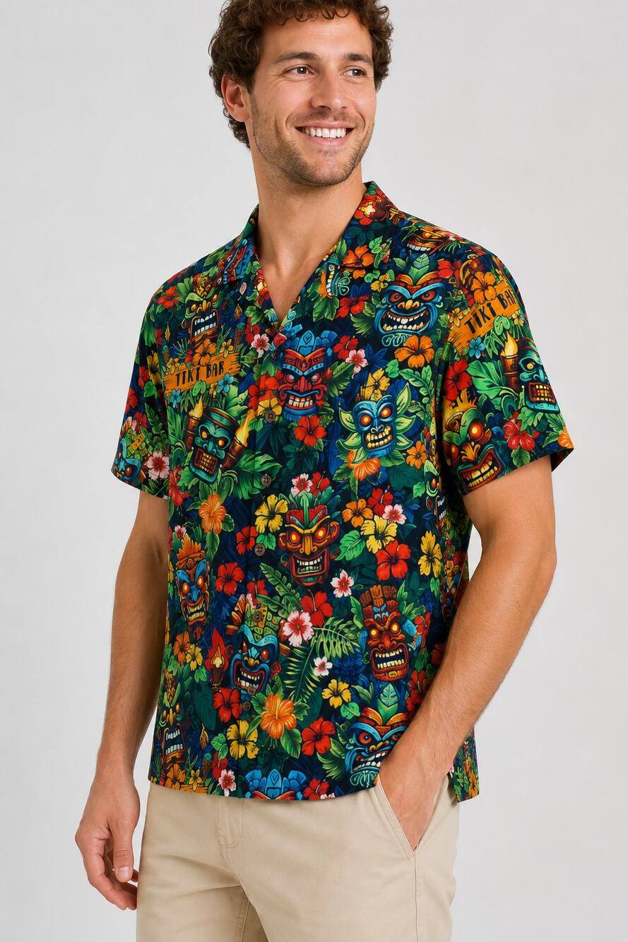 Yiume Hawaiian Tiki Bar Camp Collar Button Shirt Short Sleeve Mens Medium New
